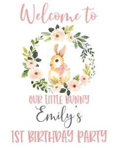 Birthday Bunny Pink Floral Wreath Welcome Sign: Birthday Bunny Pink Floral Wreath