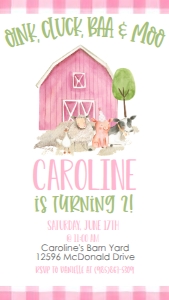 Birthday Farm Animal Pink 7x5 Text Invite: Birthday Farm Animal 7x5 Pink