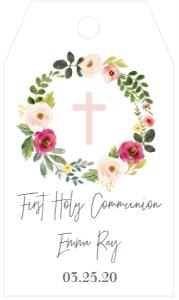 Communion Wreath Pink Spring Floral Cross Favor Tag: Communion Wreath Pink Spring Floral Cross