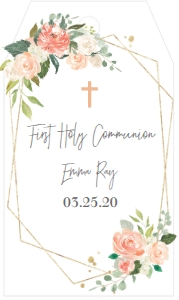 Communion Peach Floral Gold Frame Favor Tag: Communion Peach Floral Gold Frame