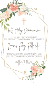 Communion Peach Floral Gold Frame Text Invite: Communion Peach Floral Gold Frame