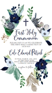 Communion Navy Floral Frame Diamond Text Invite: Communion Navy Floral Frame Diamond