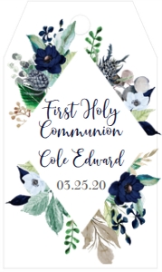 Communion Navy Floral Frame Diamond Favor Tag: Communion Navy Floral Frame Diamond