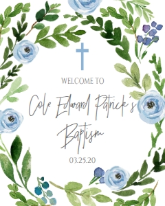 Baptism Blue Floral Wreath Welcome Sign 8x10: Baptism Blue Floral Wreath