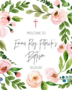 Baptism Pink Floral Wreath Welcome Sign 8x10: Baptism Pink Floral Wreath