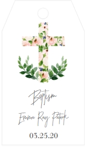 Baptism Cross Pink Floral Favor Tag: Baptism Cross Pink Floral