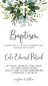 Baptism Eucalyptus Cross 7x5 Text Invite: Baptism Eucalyptus Cross 7x5