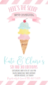 Birthday Ice Cream Blue Double Party Text Invite: Birthday Ice Cream Blue Double Party 7x5