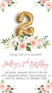 Birthday Foil Balloon Gold Pink Floral 2 Text Invite: Birthday Foil Balloon Gold Pink Floral 2
