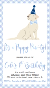 Birthday Dog Lab Blue Gingham Text Invite: Birthday Dog Lab Blue Gingham
