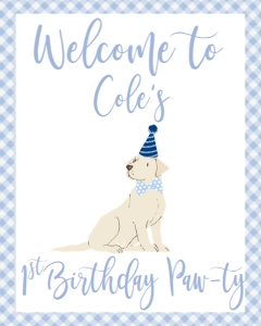 Birthday Dog Lab Blue Gingham Welcome Sign: Birthday Dog Lab Blue Gingham
