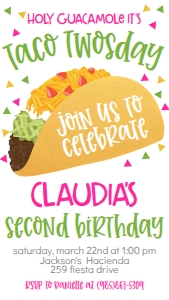 Birthday Taco Twosday Pink Text Invite: Birthday Taco Twosday Pink