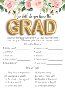 Graduation How Well Do you Know Pink Blush Floral: Graduation Foil Balloon Gold Pink Floral GRAD