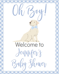 Baby Shower Dog Blue Gingham Lab Welcome Sign: Baby Shower Blue Gingham Lab