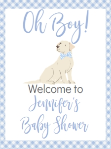 Baby Shower Dog Blue Gingham Lab Welcome Sign 18x24: Baby Shower Blue Gingham Lab