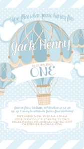 Birthday Hot Air Balloon Blue Text Invite: Birthday Hot Air Balloon Blue