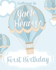 Birthday Hot Air Balloon Blue Welcome Sign 8x10: Birthday Hot Air Balloon Blue