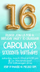 Birthday Foil Balloon Gold 16 Aqua Back Text Invite: Birthday Foil Balloon Gold 16 Aqua Back
