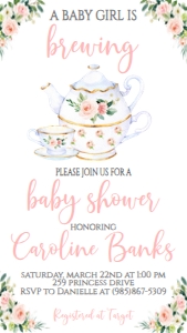 Baby Shower Tea Brewing Pink Floral BPTEA2 Text Invite: Baby Shower Tea Brewing Pink Floral BPTEA2