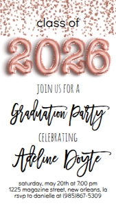 Graduation Party Foil Balloon Rose Gold Confetti Text Invite 2026: Graduation Party Foil Balloon Class of 2023 Rose Gold Confetti