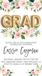 Graduation Foil Balloon Gold Pink Floral GRAD Text Invite: Graduation Foil Balloon Gold Pink Floral GRAD