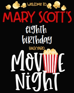 Birthday Movie Night MN3 Welcome Sign 8x10: Birthday Movie Night MN3