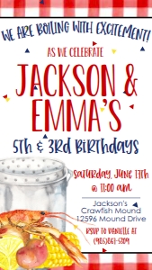 Birthday Crawfish Kids Double Party Text Invite: Birthday Crawfish Kids Double Party 7x5