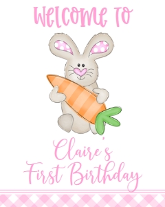 Birthday Easter Bunny Pink w Carrot Welcome Sign: Birthday Easter Bunny Pink w Carrot