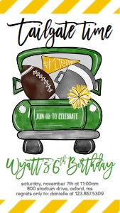 Birthday Football Truck Green Gold Text Invite: Birthday Football Truck Green Gold