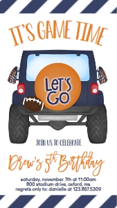 Birthday Football Jeep Navy Orange Text Invite: Birthday Football Jeep Navy Orange