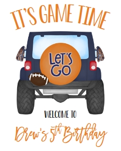 Birthday Football Jeep Navy Orange Welcome Sign 8x10: Birthday Football Jeep Navy Orange