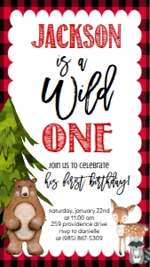 Birthday Woodland Wild One Plaid Text Invite: Birthday Woodland Wild One Plaid