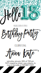 Birthday Foil Balloon Aqua Hello 13 Text Invite: Birthday Foil Balloon Aqua Hello 13