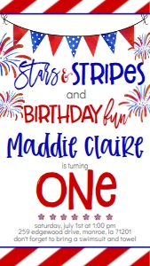 4th of July Stars Stripes Fireworks Text Invite: 4th of July Stars Stripes Fireworks Birthday