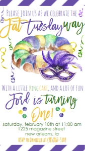 Mardi Gras King Cake Fat Twos-day Text Invite: Mardi Gras Birthday Fat Twos-day