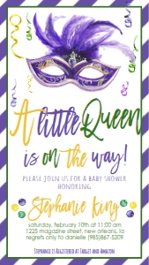 Mardi Gras Baby Shower Queen Text Invite: Mardi Gras Baby Shower Queen