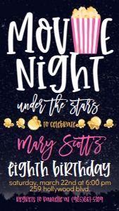 Birthday Movie Night Under the Stars Pink Text Invite: Birthday Movie Night Under the Stars Pink