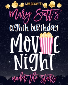 Birthday Movie Night Under the Stars Pink Welcome Sign: Birthday Movie Night Under the Stars Pink