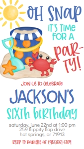 Birthday Beach Crab Party Blue Text Invite: Birthday Beach Crab Party Blue