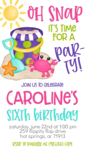 Birthday Beach Crab Party Pink Text Invite: Birthday Beach Crab Party Pink