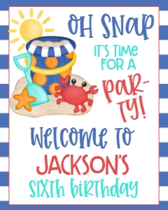 Birthday Beach Crab Party Blue Welcome Sign: Birthday Beach Crab Party Blue
