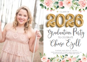 Graduation Floral Foil Balloon Photo Card 2026: Graduation Foil Balloon Gold Pink Floral 2021