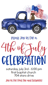 4th of July Celebration Truck Flag Dog Text Invite: 4th of July Celebration Truck Flag Dog