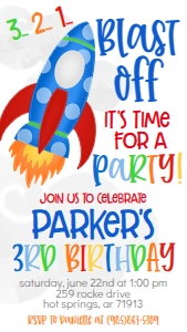 Birthday Rocket Blast Off Blue Text Invite: Birthday Rocket Blast Off Blue
