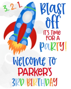 Birthday Rocket Blast Off Blue Welcome Sign: Birthday Rocket Blast Off Blue
