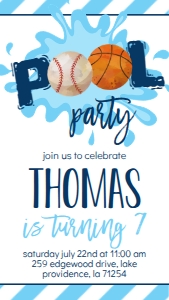 Birthday Baseball Basketball Pool Party Text Invite: Birthday Baseball Basketball Pool Party