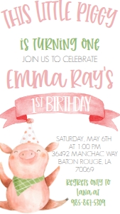 Birthday Piggy Pink Text Invite: Birthday Piggy Pink 7x5