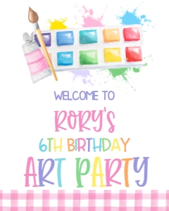 Birthday Art Party Pink Gingham Welcome Sign: Birthday Art Party Pink Gingham