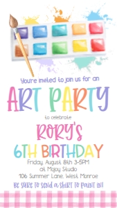 Birthday Art Party Pink Gingham Text Invite: Birthday Art Party Pink Gingham