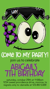Halloween Hey Boo Frankie Green Text Invite: Halloween Hey Boo Frankie Green